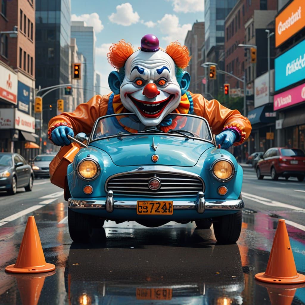 Teapot Drives Convertible with Clown in Hyper-Realistic Styl...