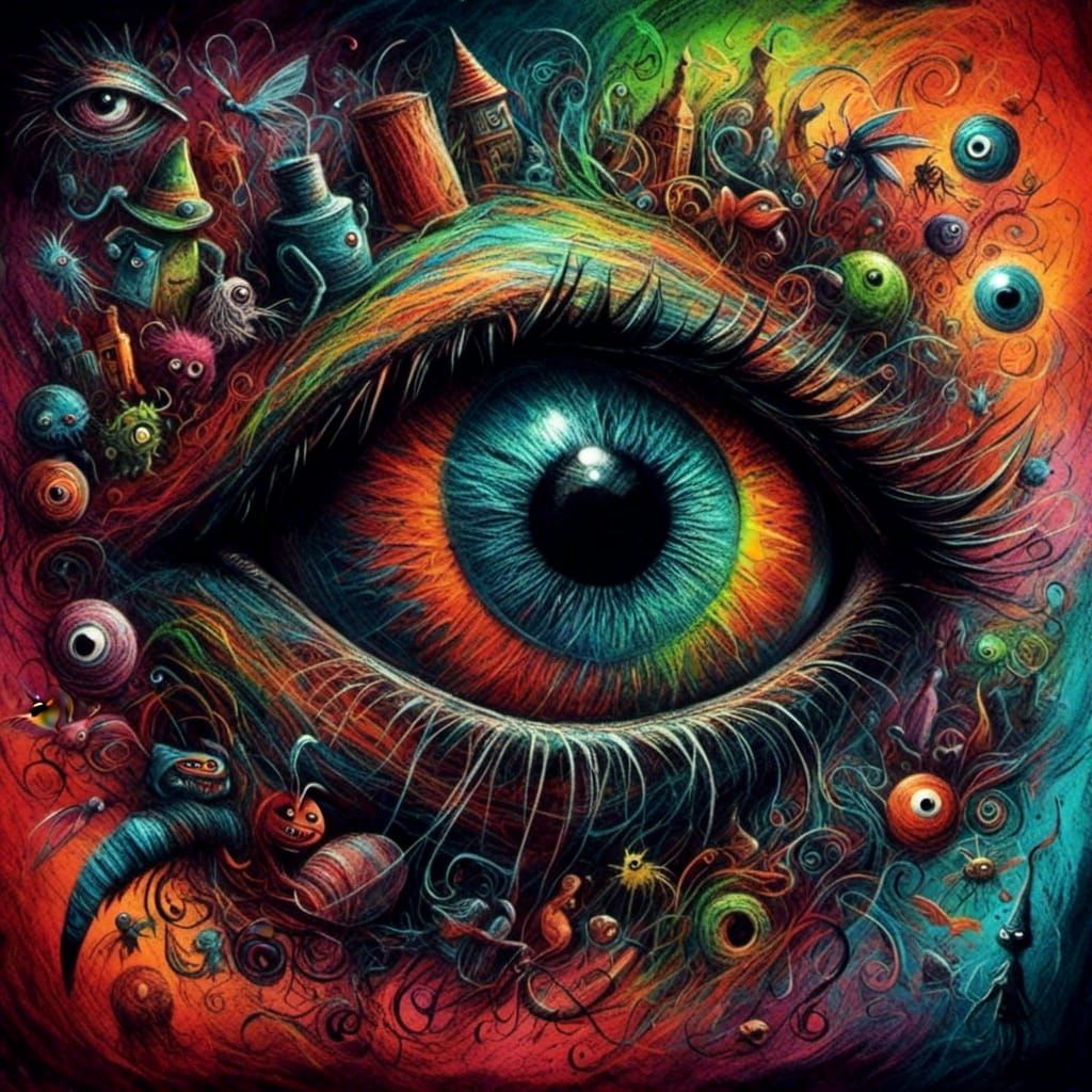 Surreal Eye Monster in Crayon Style