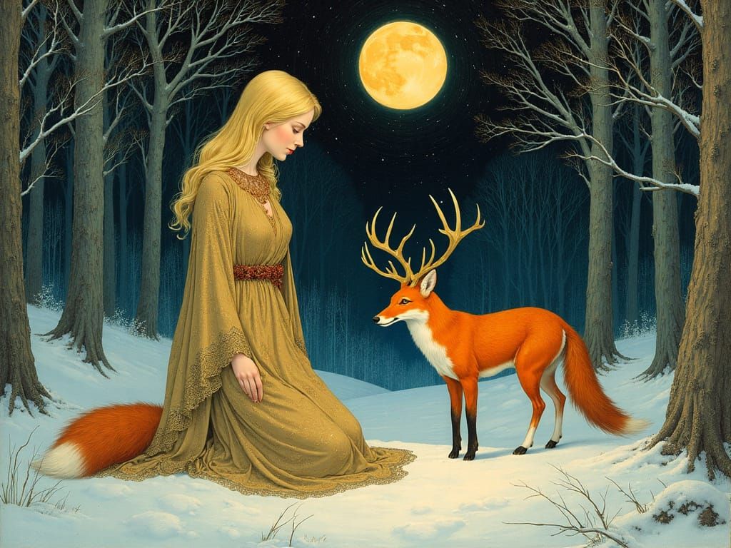 Blonde Woman with Stag Antlers in Snowy Forest Glade