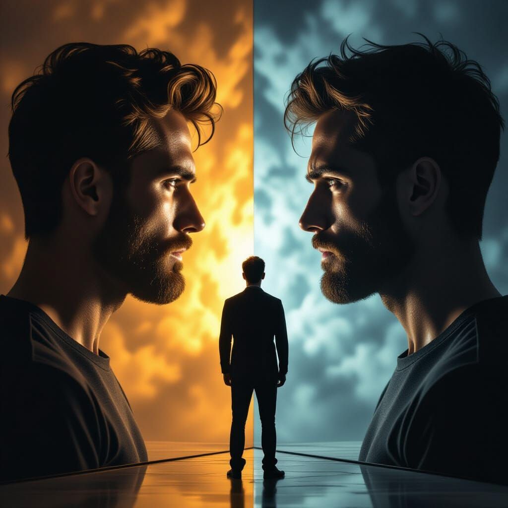 Man Confronts Inner Self in Dual Reflection