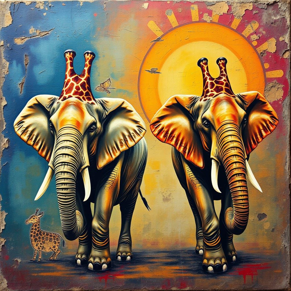 Surreal Elephants with Giraffe Heads in Vibrant Tarsila-Insp...