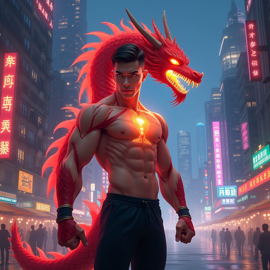 Dragon-Human Warrior Stands Tall in Futuristic China Town