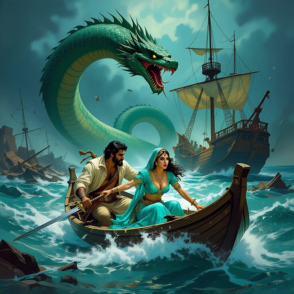 Persian Sailors Flee Sea Serpent in 1930s Pulp Art Style