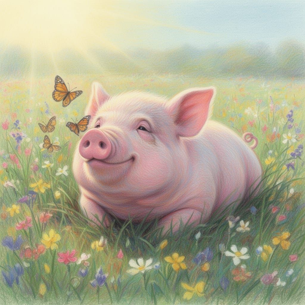 Joyful Pig Wallows in Wildflower Meadow in Pastel Chalk Styl...
