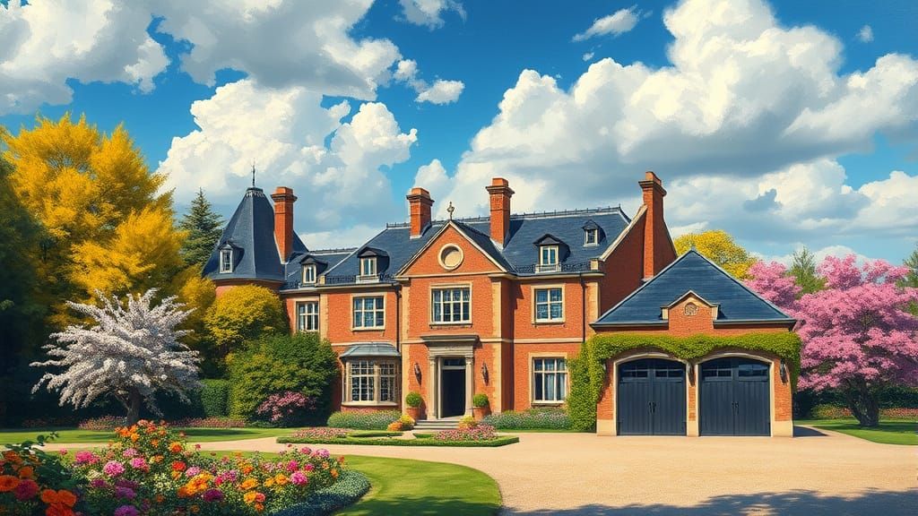 Grand Brick Chateau Amidst Vibrant Gardens