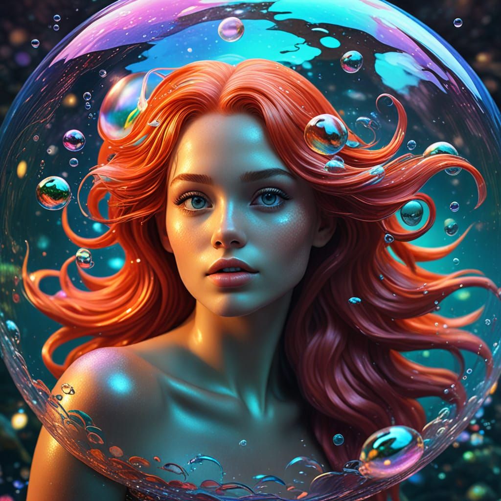 Iridescent Mermaid in Bubble: Hyperrealistic Digital Art