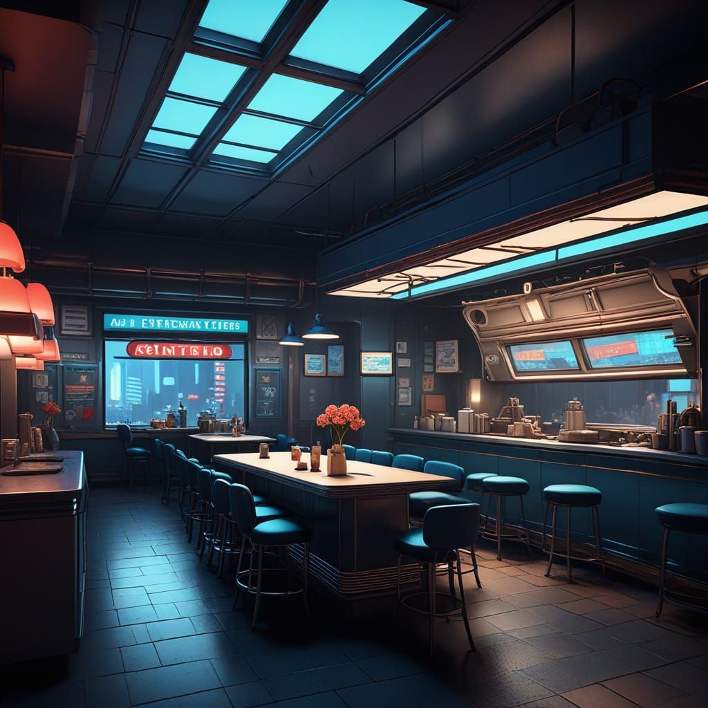 Cyberpunk Nighthawks: Robots Gather at a Futuristic Diner