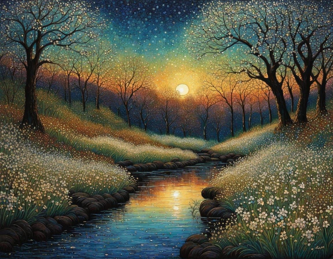 Intricate Floral Paradise Along a Serene Stream in Spring