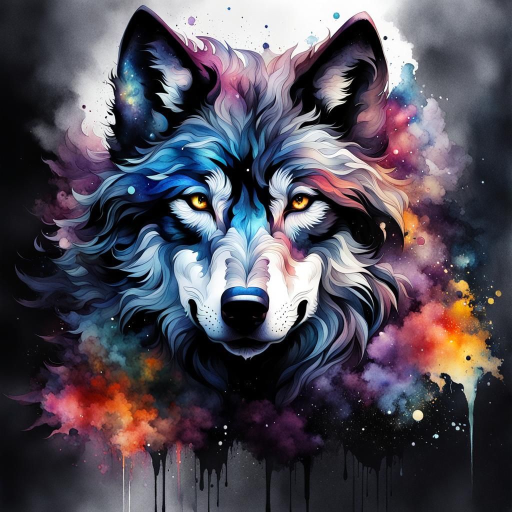 Dark Wolf in Watercolor Fantasy Landscape