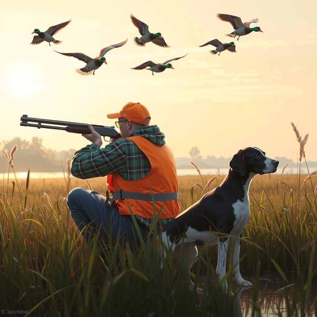 Father and Son Duck Hunters in Serene Wetlands, in the Style...