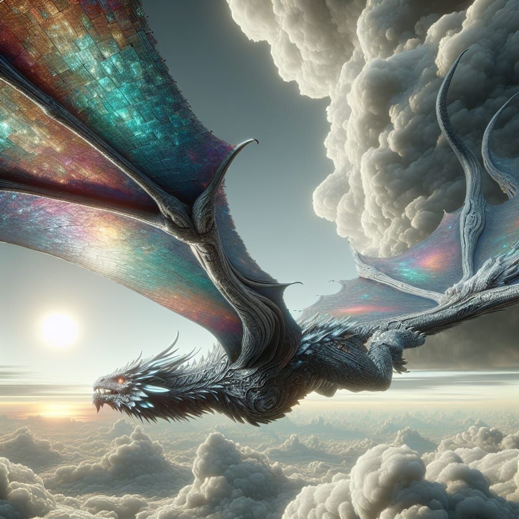 Iridescent Dragon Soaring Through Cloudy Skies