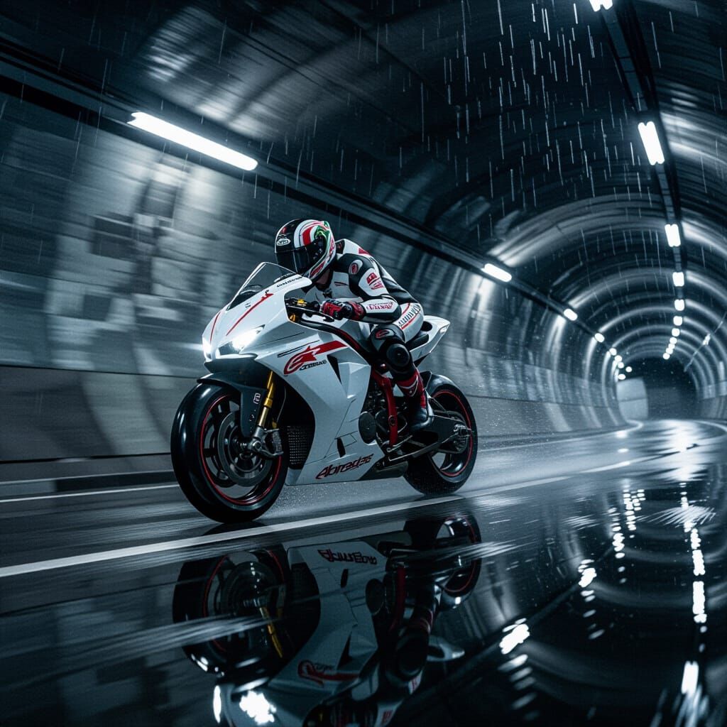 Motorcycle Rider Speeds Through Dark Tunnel