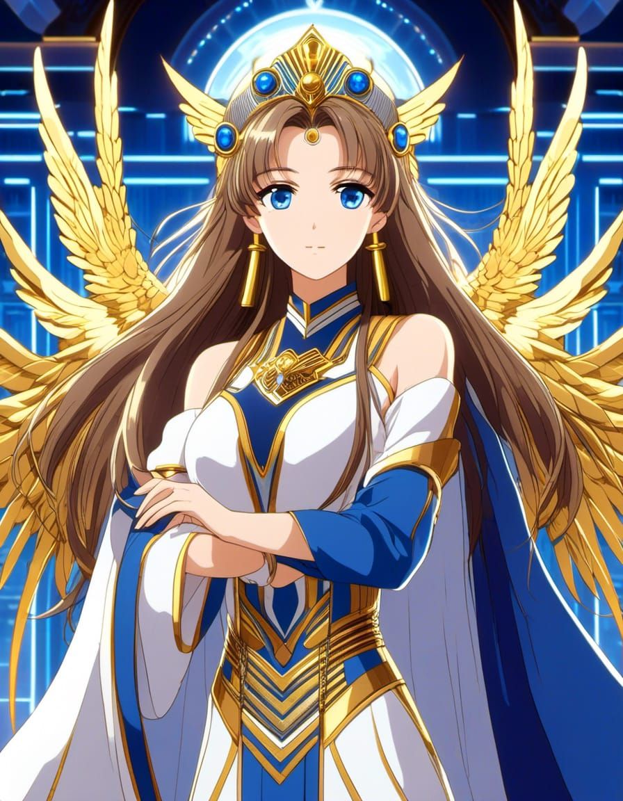 Art Deco style Anime OH! My Goddess Belldandy, long brown hair, blue eyes, wearing blue with navy & gold accented robe s...