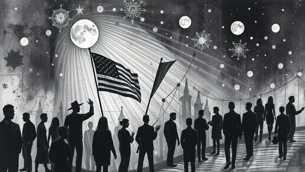 A avant-garde black and white " we the people" American flag...