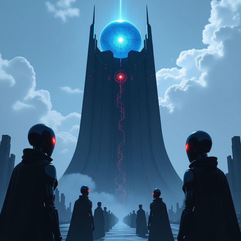 Dystopian Cybernetic Silhouettes in Futuristic Landscape