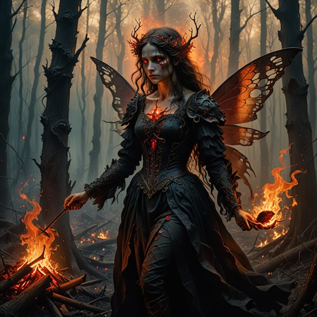 Shadow Fairy in Charred Forest as Renaissance Painting