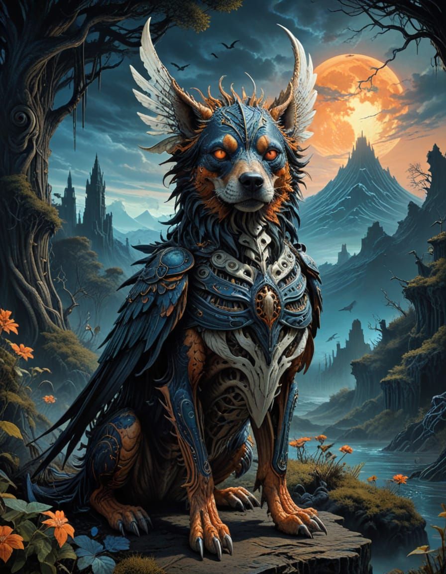 Morbidity Unleashed: A Twisted, Winged Dog Skeleton in Tatte...