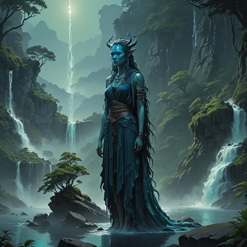 Monster Goddess at Waterfall: Fantasy Concept Art