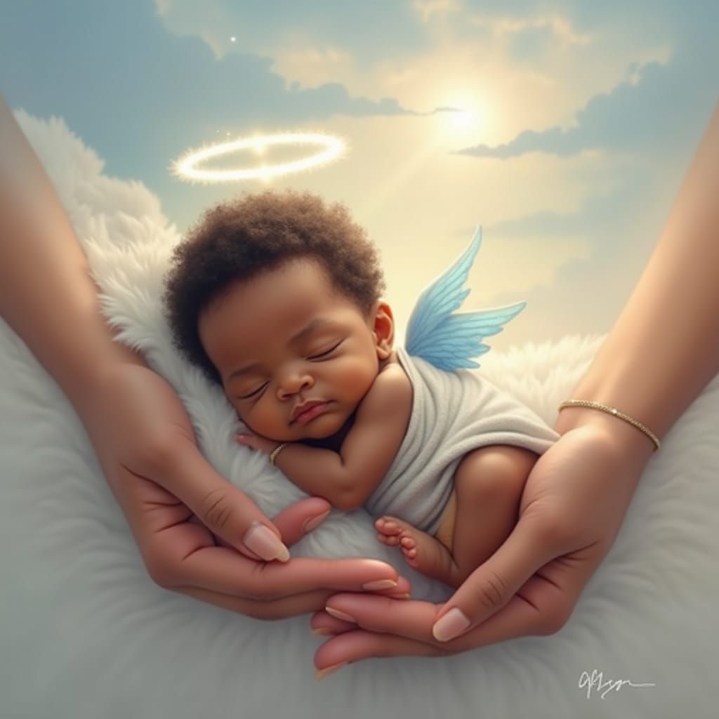 Sleeping African American Newborn Angel Boy in Mother's Hand...
