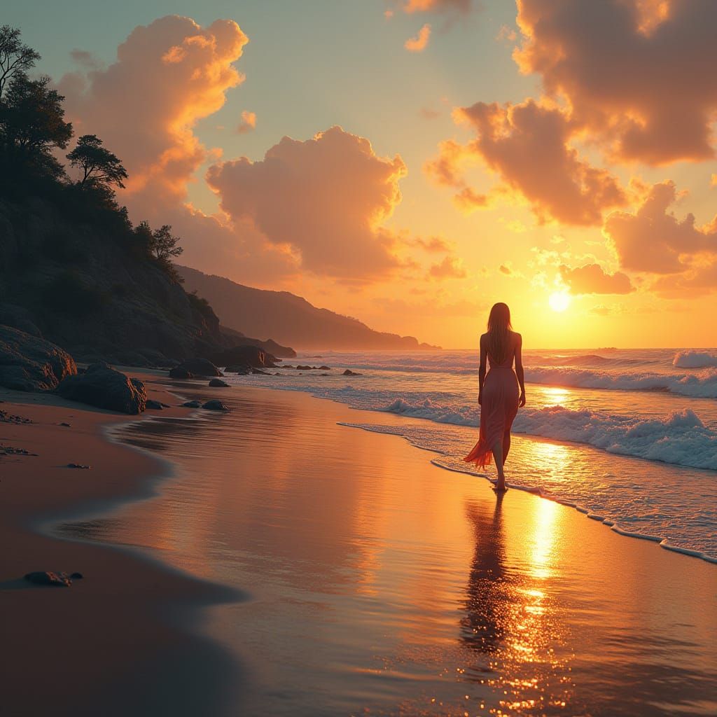 Woman Walking on Beach in Matte Painting Style