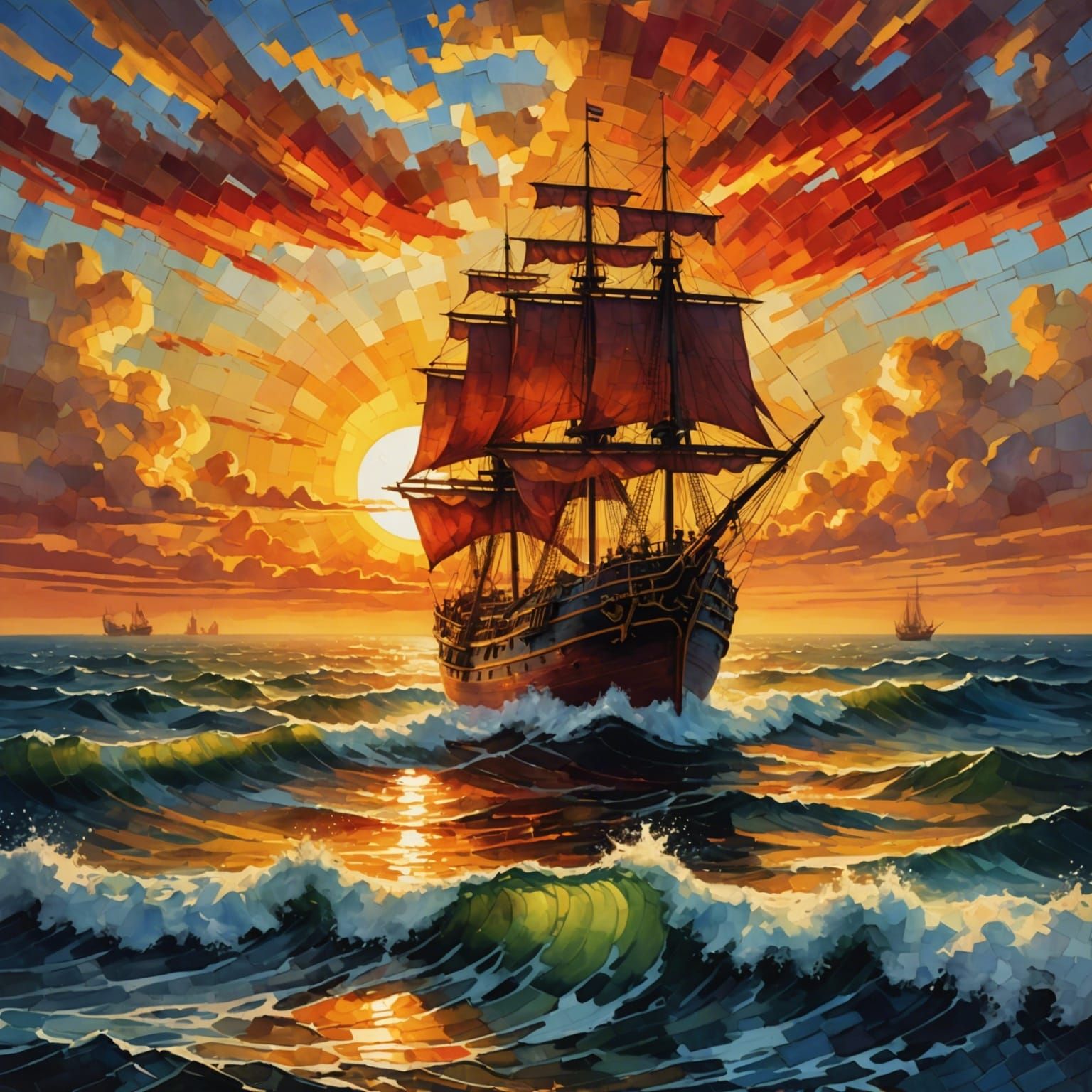 Ship on Ocean at Sunset: Oil and Watercolor Painting