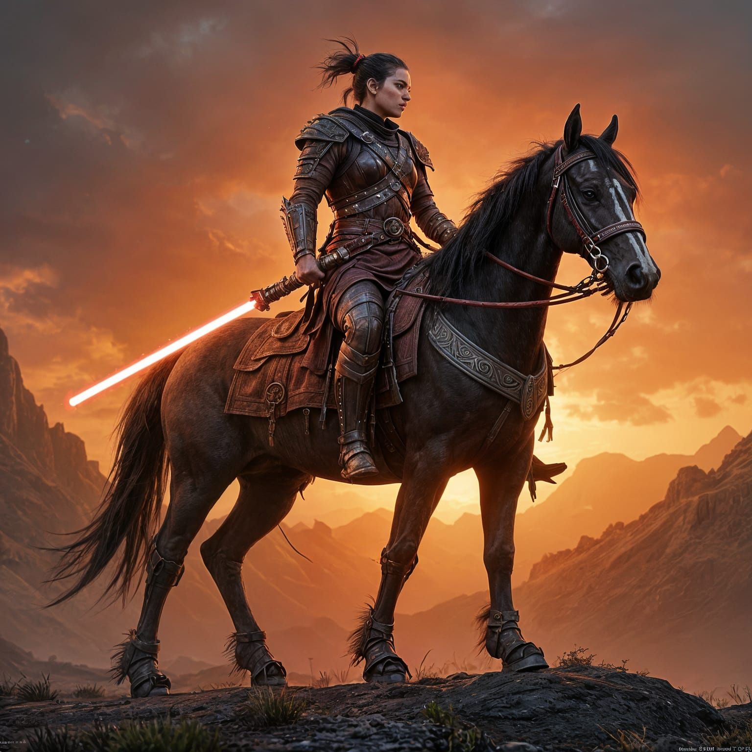 Epic Warrior on Horseback Wields Red Lightsaber in Fantasy W...