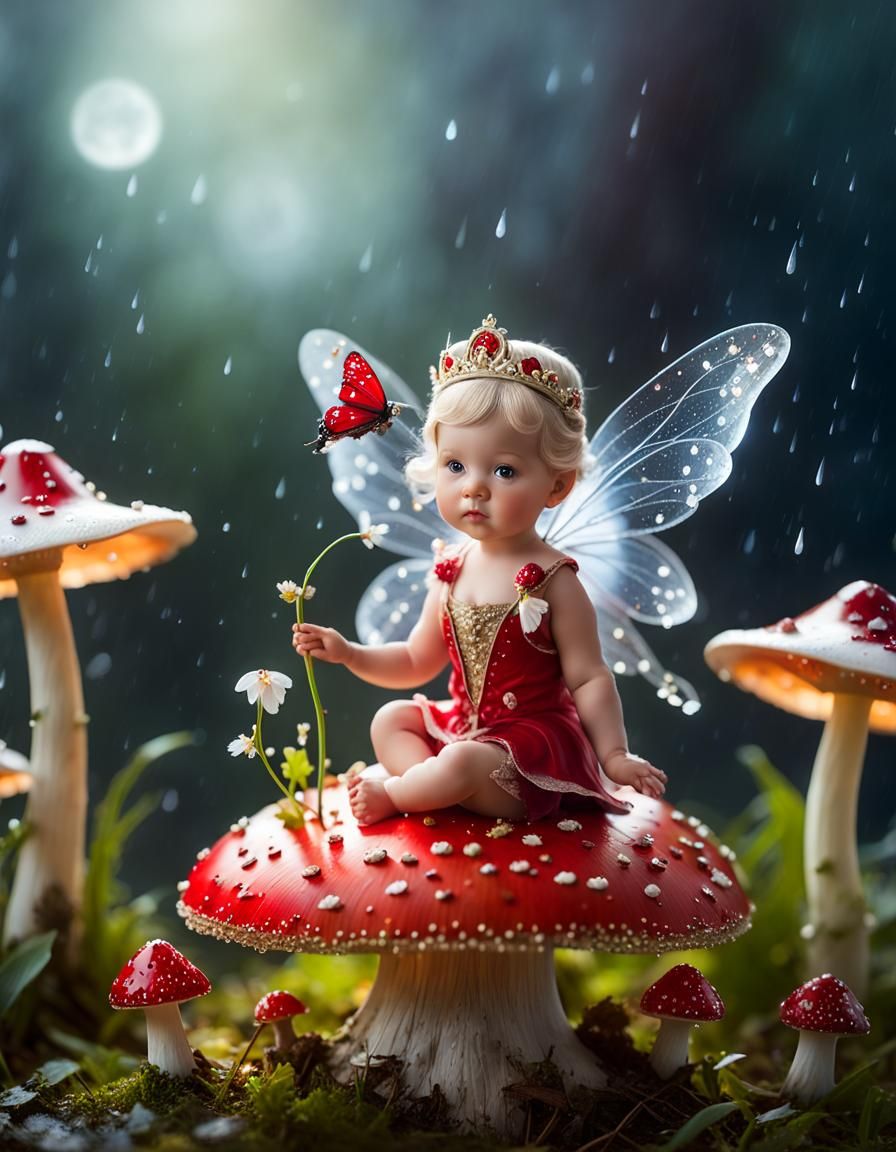 Toddler Fairy on Mushroom in Macro Photography