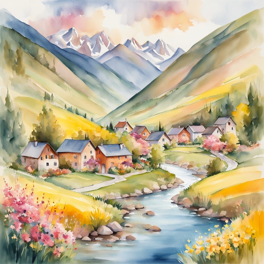 Serene Mountain Village Watercolor Painting