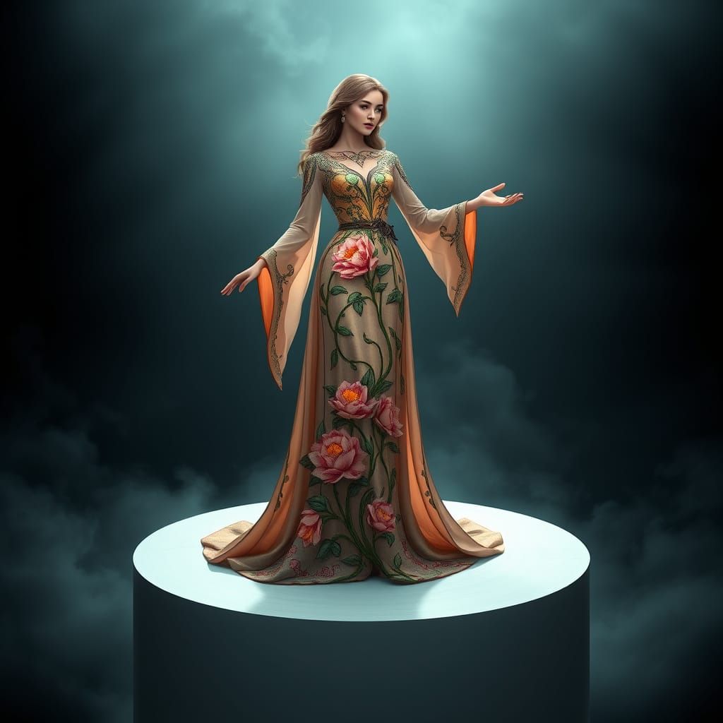 A woman, dressed in an elegant, long-sleeved gown with intri...