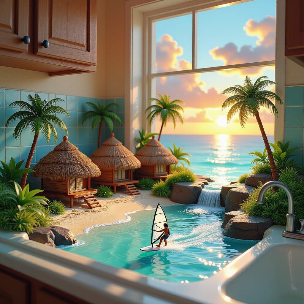 Miniature Beach Scene in Kitchen Sink with Sunset