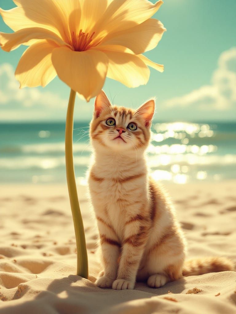 Cat Under Flower with Flickering Light, Detailed Beach Setti...