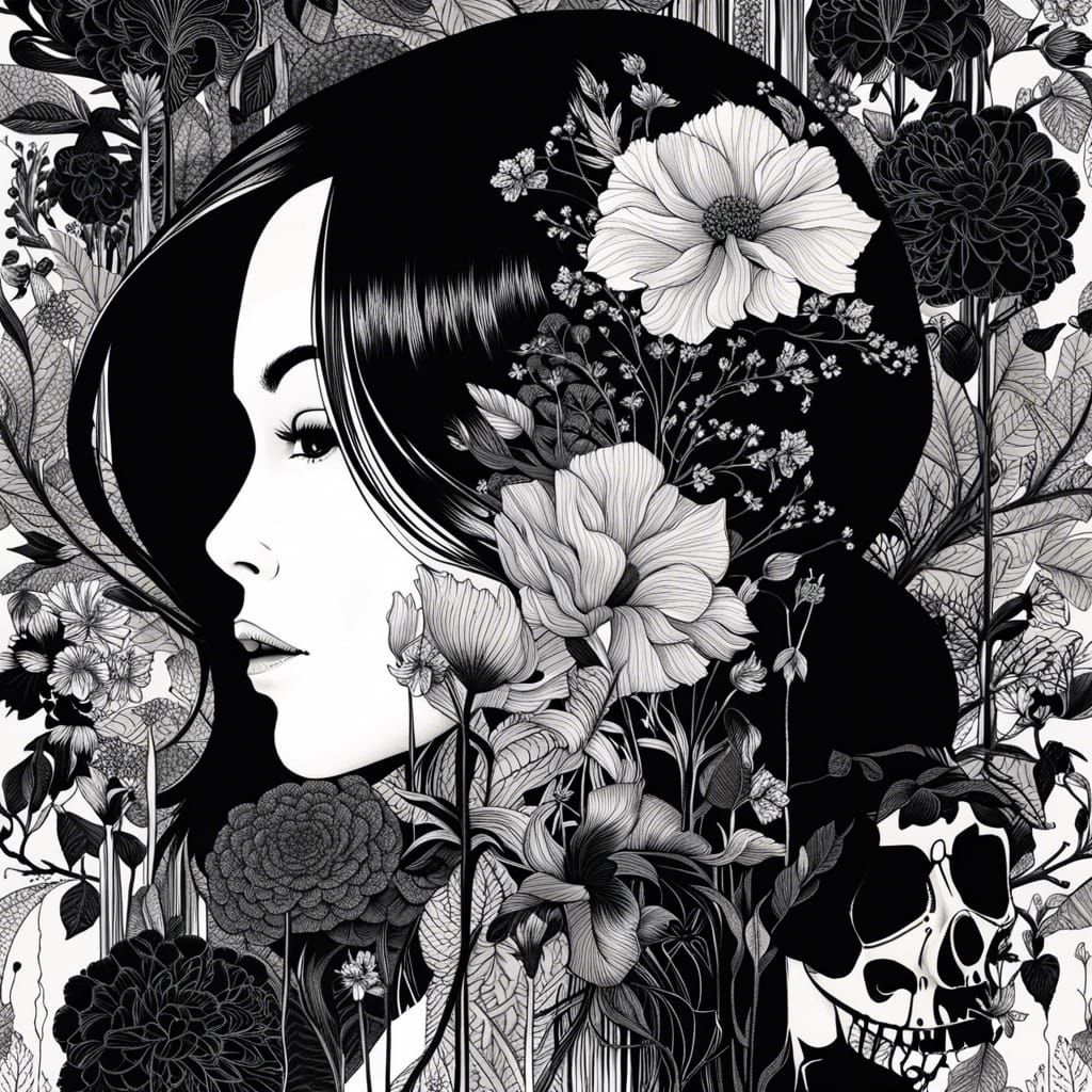 Gothic Ink Silhouette Portrait with Floral Skull Pattern