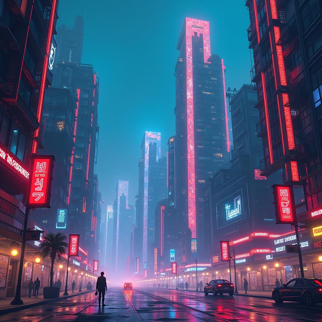 Holographic Metropolis on Distant Planet in Synthwave Style