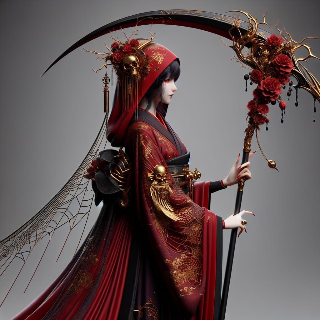Female Grim Reaper in Red Silk, 3D Concept Art