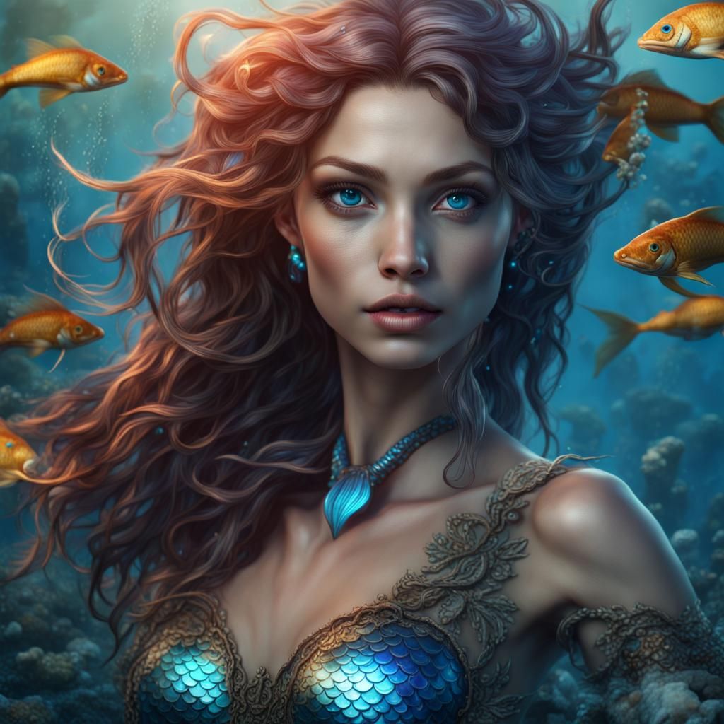 Beautiful Mermaid with Fish-Filled Eyes in Deep Color
