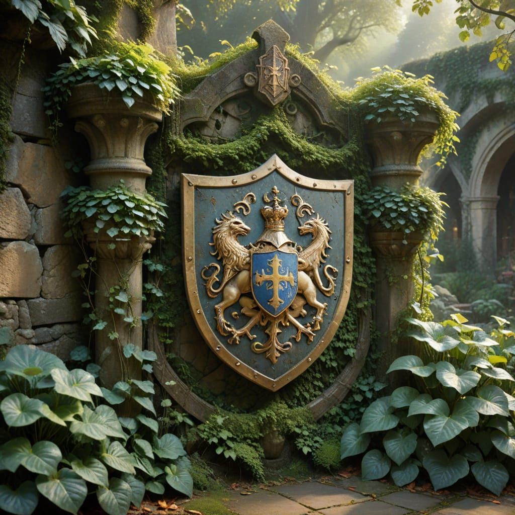 Medieval Knight's Family Shield in an Ancient Garden