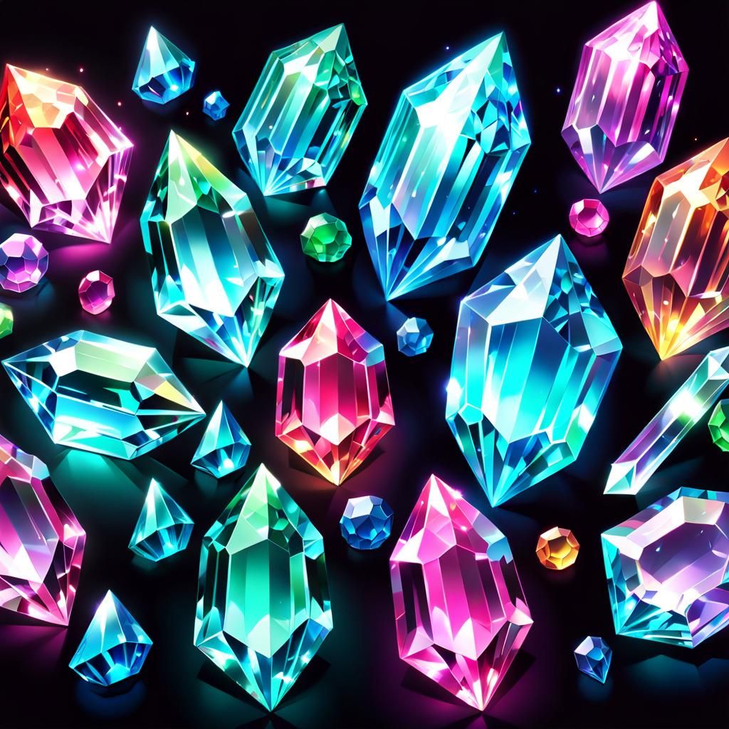Glowing Gradient Crystals and Gems in Anime Style