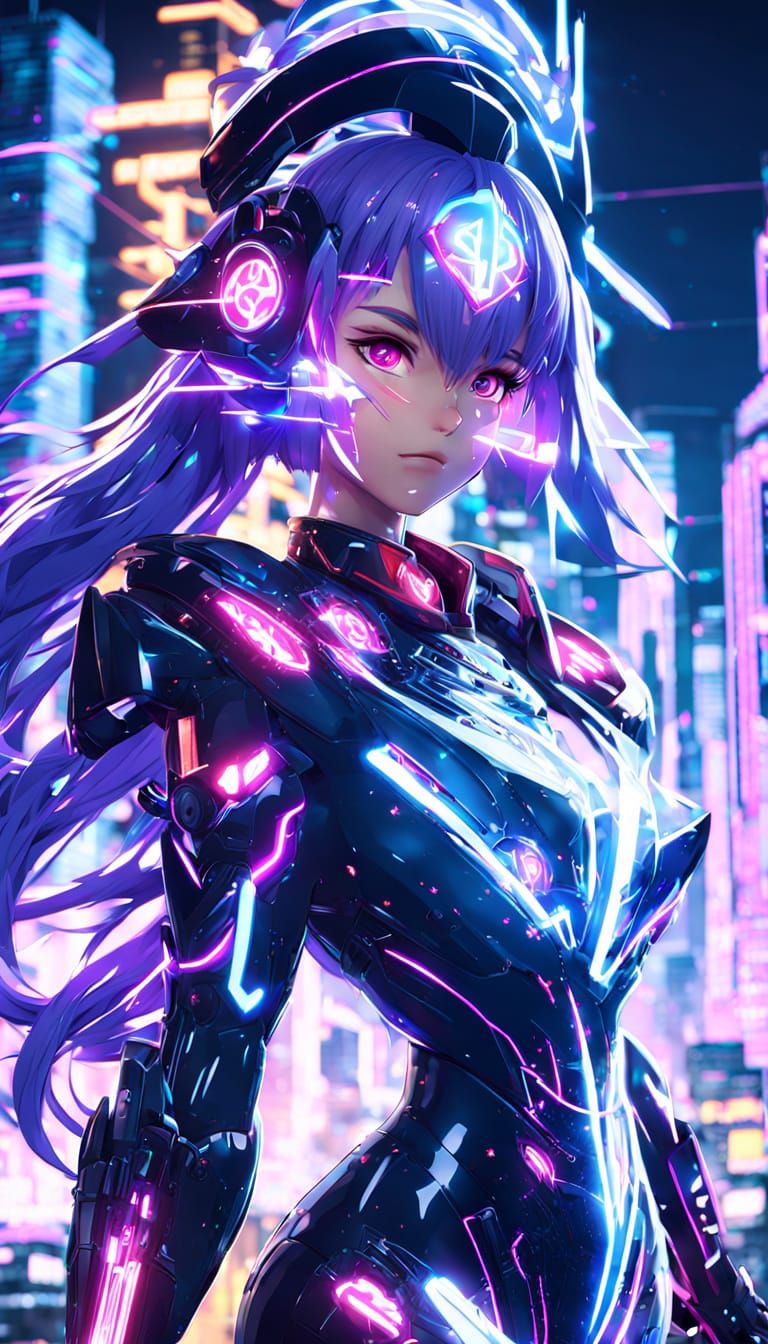 Maria Robotnik in Anime Style With Neon Cityscape