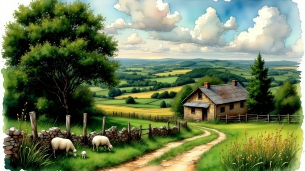 Idyllic Countryside Scene in Delicate Pencil Sketch Style