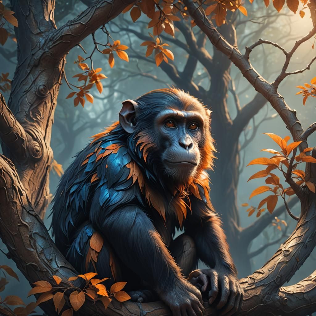 Monkey in Tree: Vibrant Fantasy Concept Art