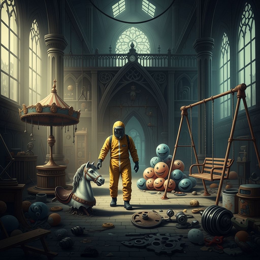 Creepy Toy Factory Explorer in Dark Whimsical Style
