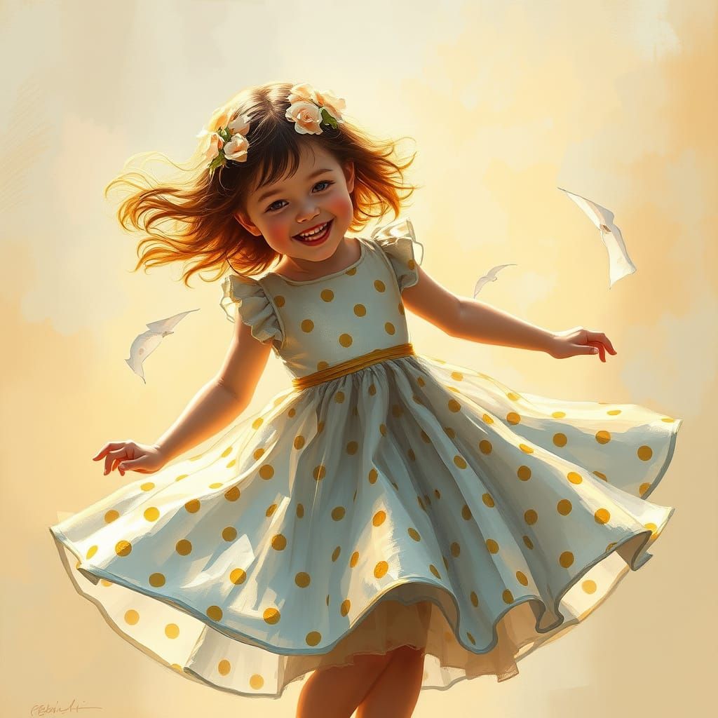 Little girl pirouetting in a polka dot dress oil painting by James Gurney