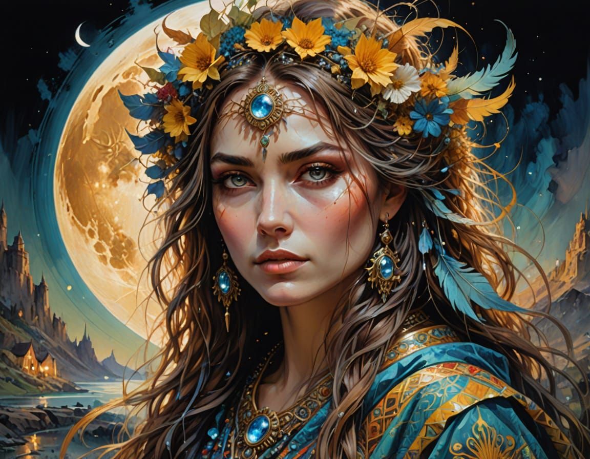 Moon Goddess in Surreal Village: Hybrid Painting Style