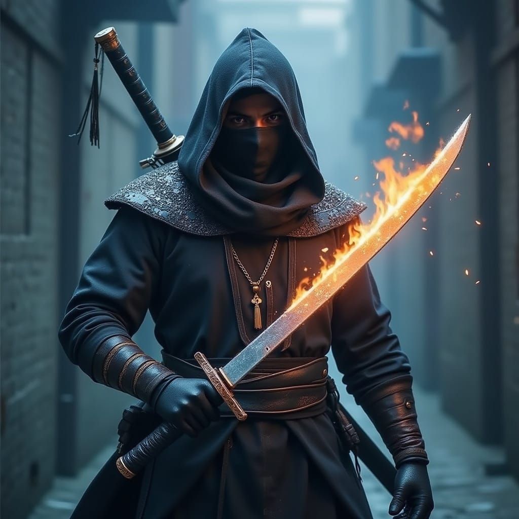 Cyberpunk Ninja with Fiery Katana and Frosty Blade