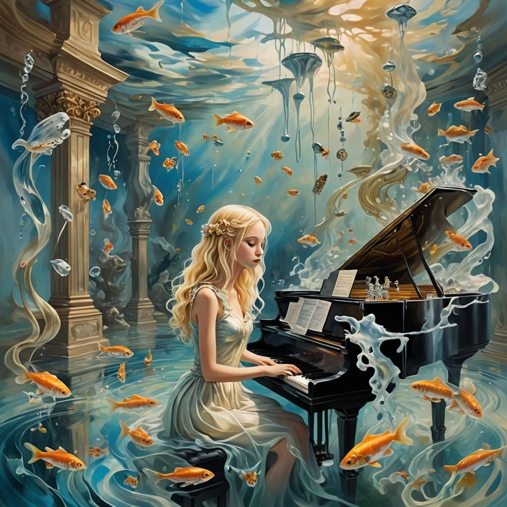 Blond Fairy's Submerged Piano Dream in Oil Paint