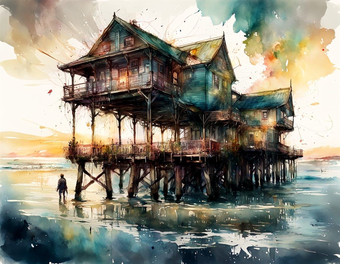 18th Century Seaside Pier in Hyperrealistic Watercolor