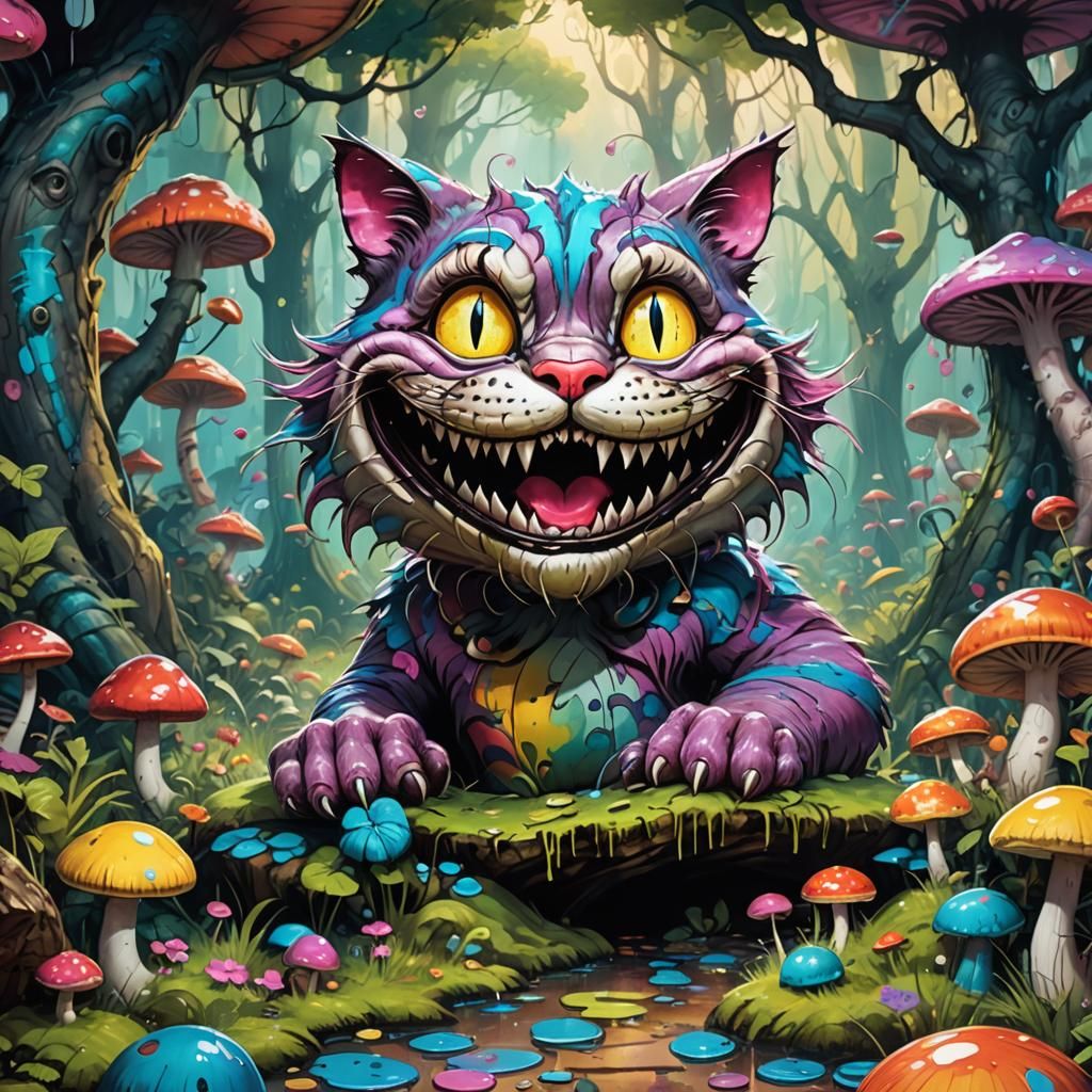 Cheshire cat, grinning, Alice, puzzled, Wonderland background, vibrant colors, surreal, whimsical, detailed, soft lighti...
