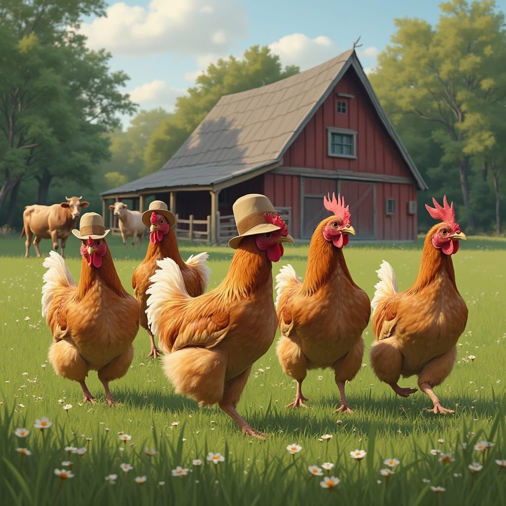 Chickens in Hats Grazing with Cattle Near Barn