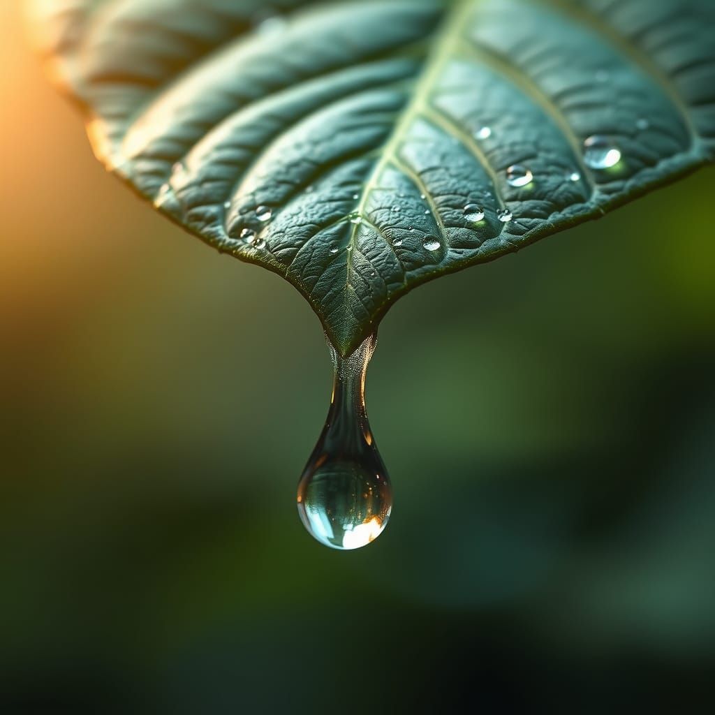 Gigantic Dew Drop Falls on Enormous Leaf in Hyperrealistic D...