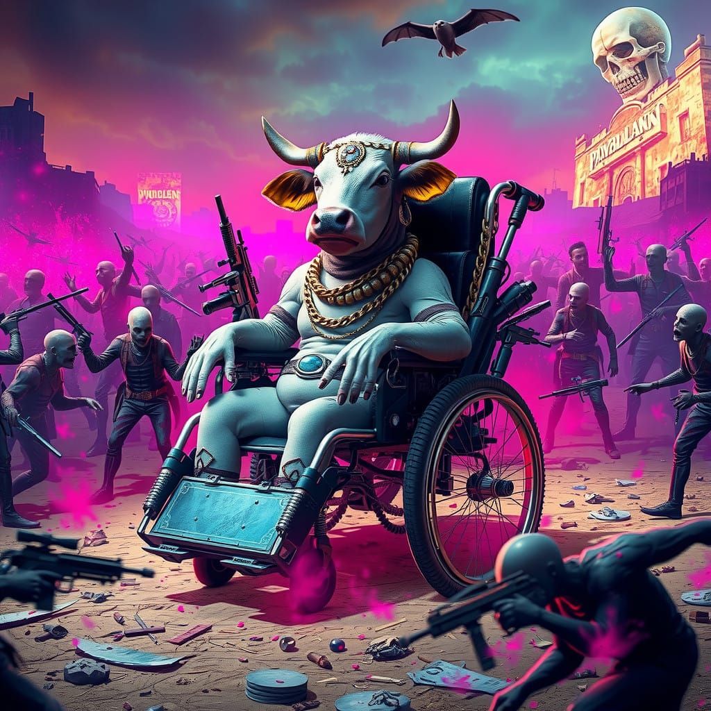 Post-Apocalyptic Warrior Cow in Wheelchair